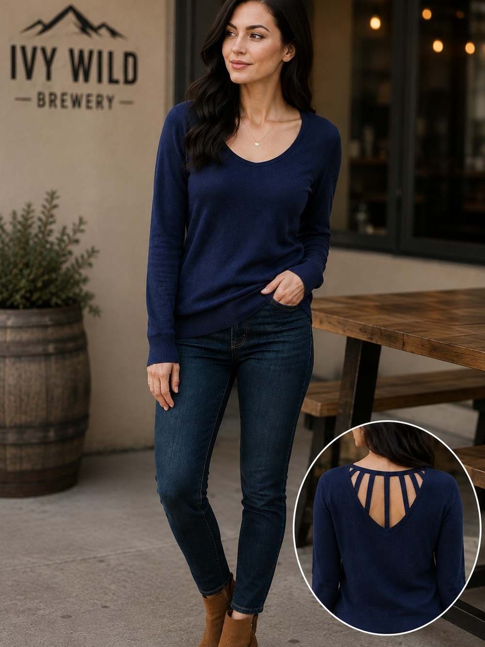Wet Seal Blue Strappy Back Sweater Women's Large Scoop Neck Knit Casual